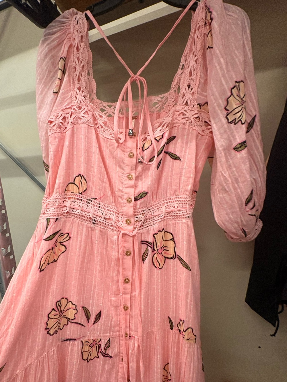 Free People Pink Floral Lace-Trim Button Dress